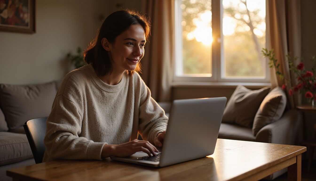 A middle-aged individual is sitting at a wooden table, working on a laptop in a warmly lit living room. A middle-aged individual is sitting at a wooden table, working on a laptop in a warmly lit living room.