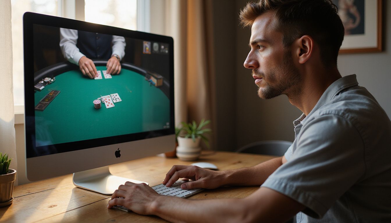A man playing online blackjack on a computer in a softly lit room.