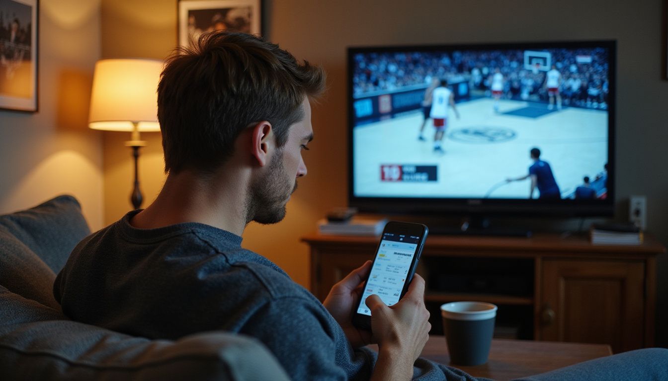 A man seated on a couch, focused on live betting and basketball. A man seated on a couch, focused on live betting and basketball.