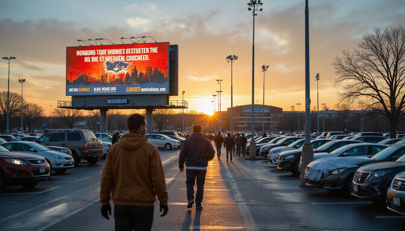 A sportsbook billboard overlooks a crowded stadium parking lot at dusk. A sportsbook billboard overlooks a crowded stadium parking lot at dusk.