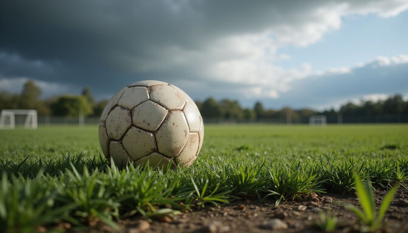 A soccer ball on the edge of a field under stormy skies. A soccer ball on the edge of a field under stormy skies.