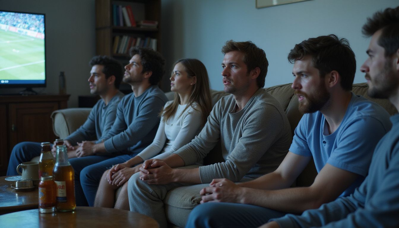 A group of sports fans in their 30s react to a red card shown on TV. A group of sports fans in their 30s react to a red card shown on TV.