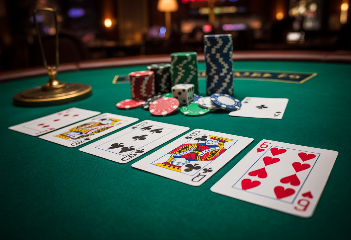 A close-up of five playing cards arranged on a green poker table with poker chips and a dealer button nearby.
