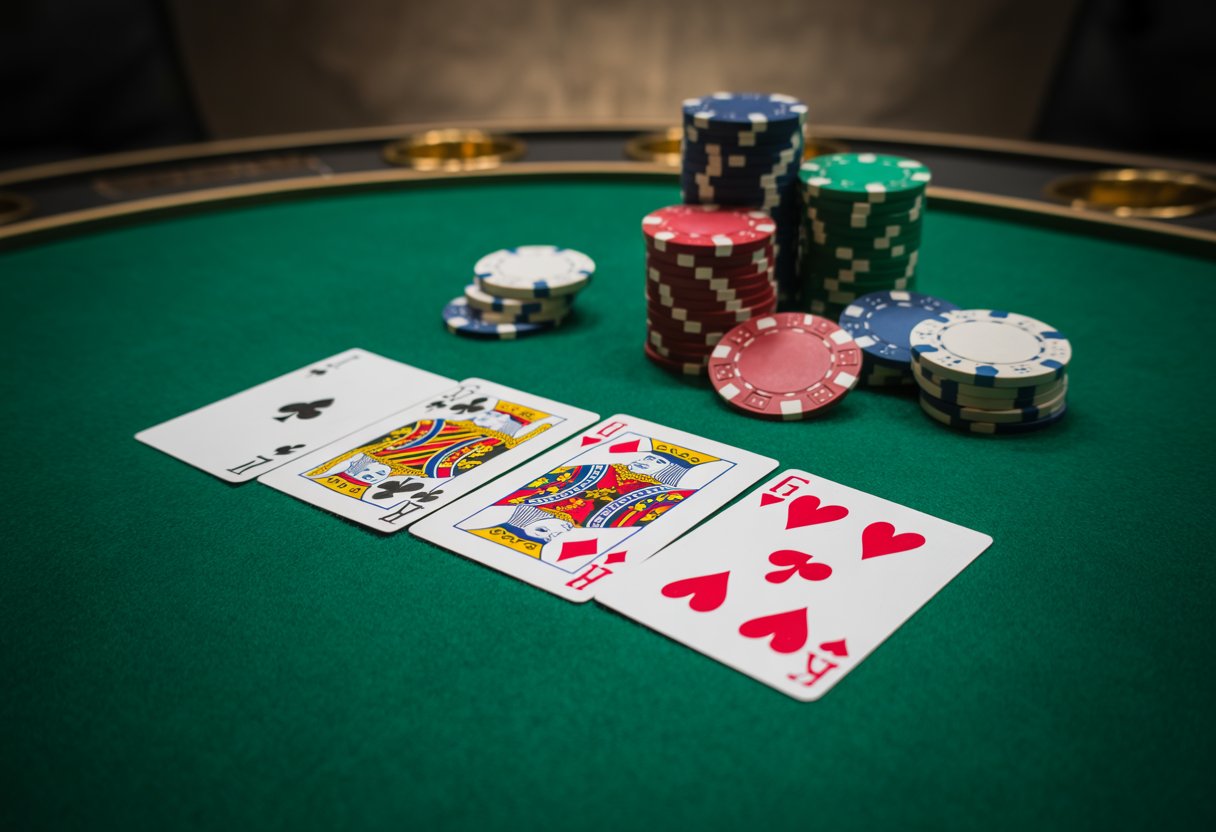 A poker table with five playing cards spread out and stacks of poker chips placed nearby.