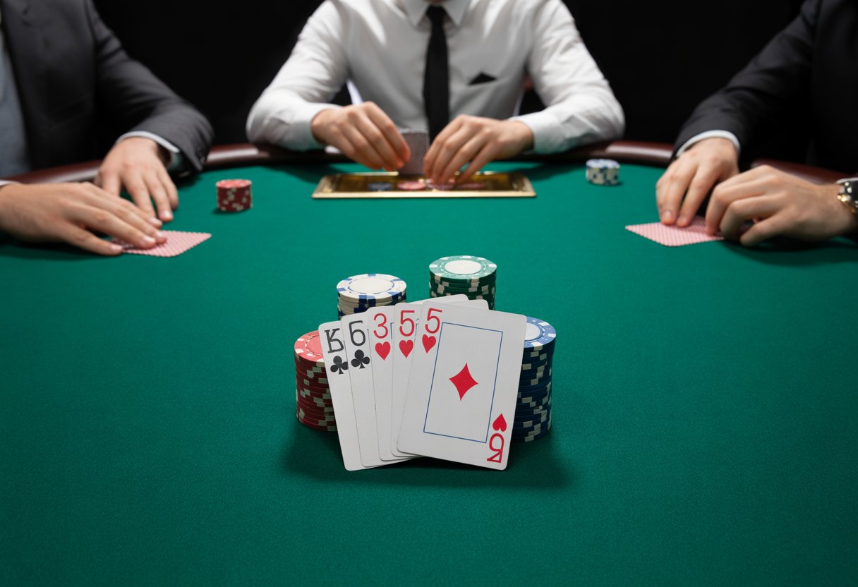 Close-up of a poker table showing a player's five playing cards and stacks of poker chips during a game.