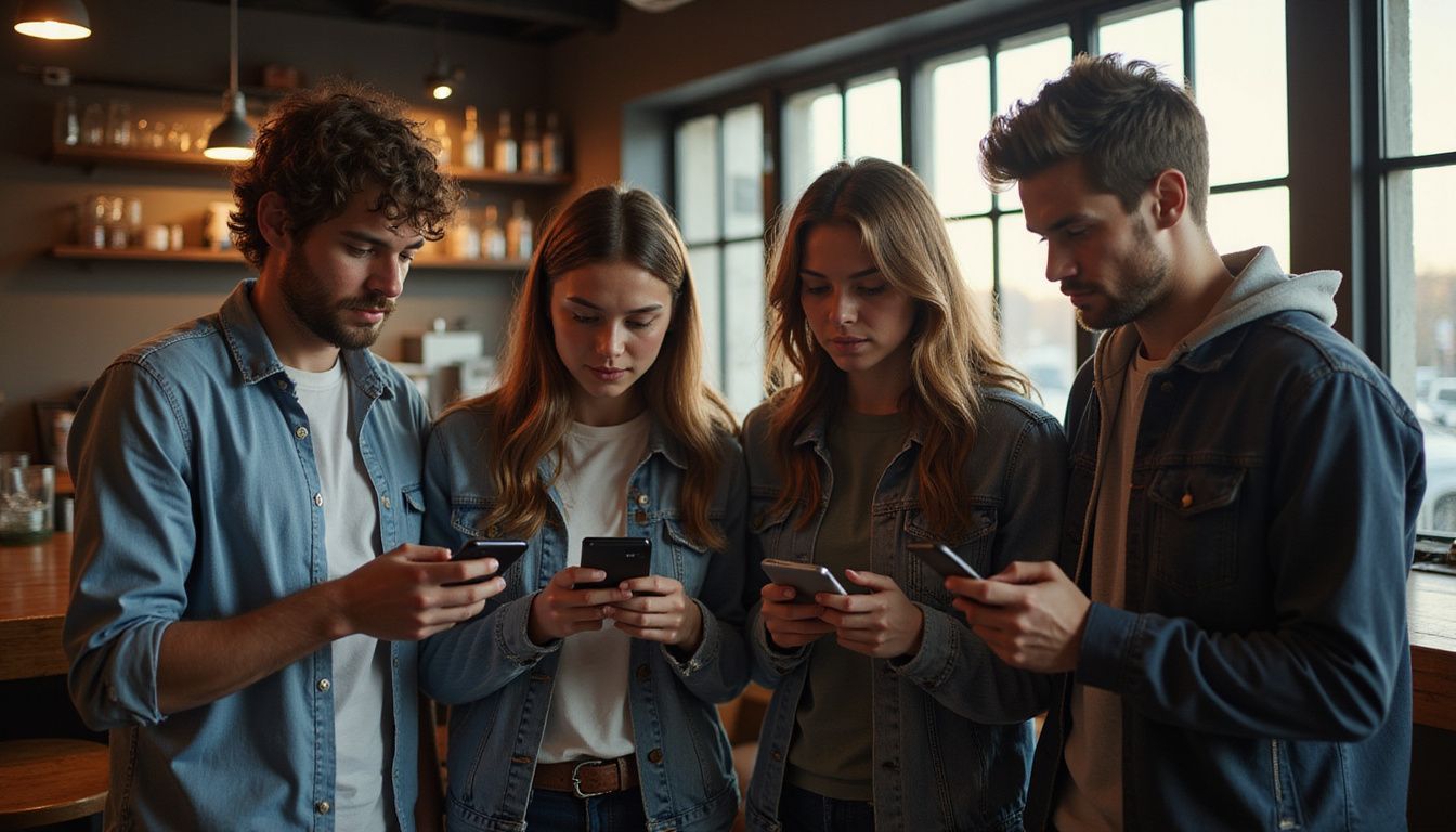 A group of young adults in casual attire discussing betting odds on their smartphones in a sports bar. A group of young adults in casual attire discussing betting odds on their smartphones in a sports bar.