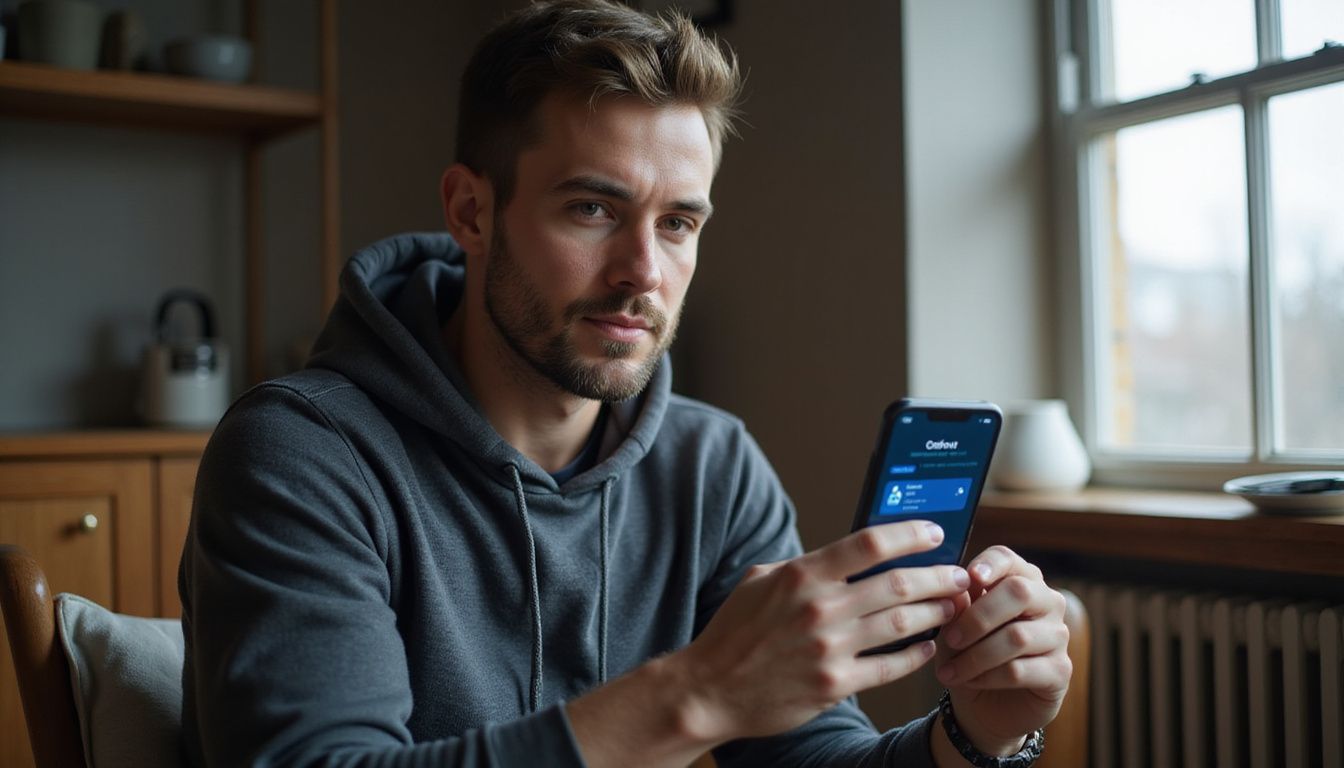 A man in a gray hoodie is using a live betting app on his smartphone while seated indoors. A man in a gray hoodie is using a live betting app on his smartphone while seated indoors.