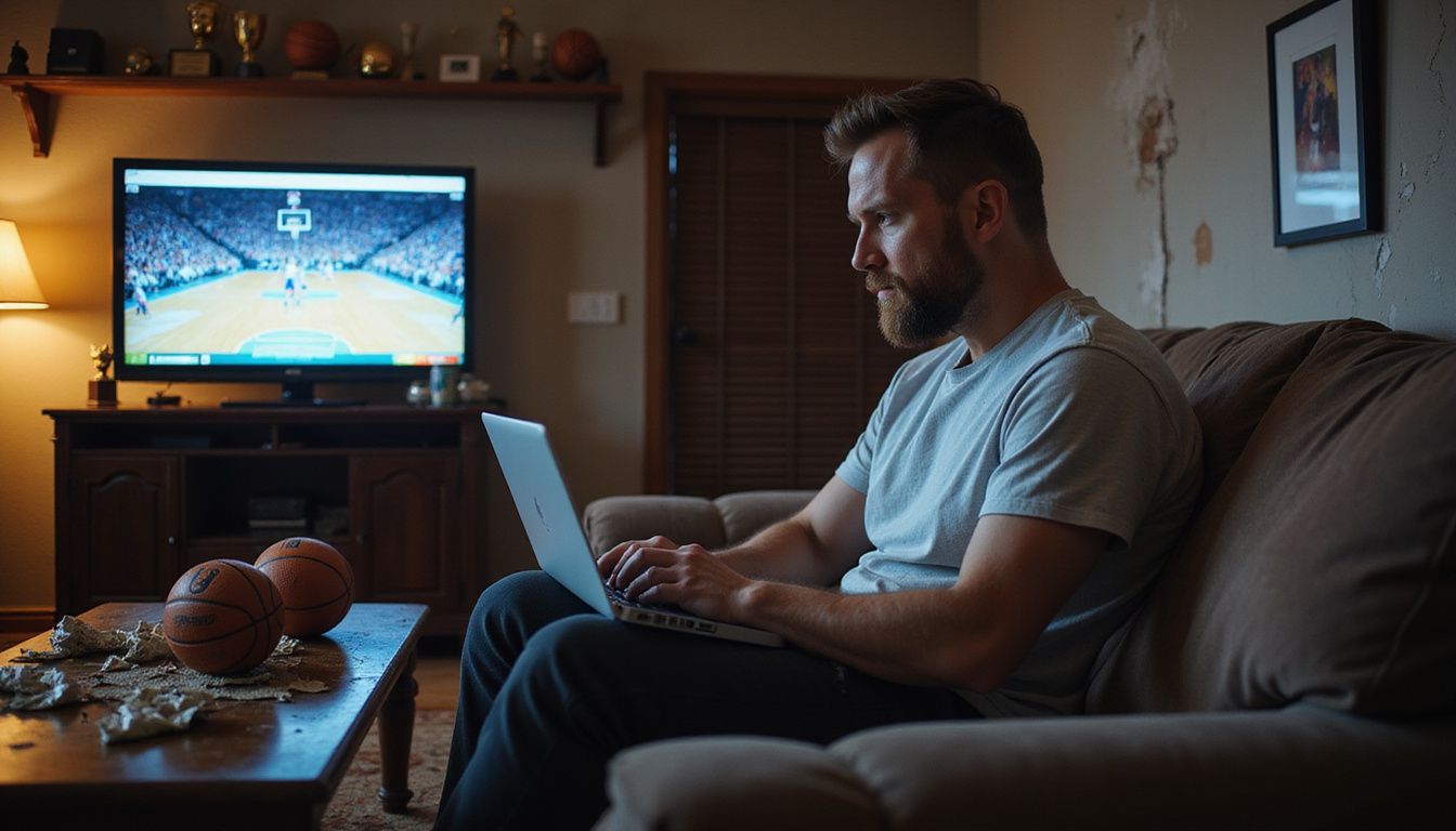 A man watches a basketball game while betting on his laptop. A man watches a basketball game while betting on his laptop.