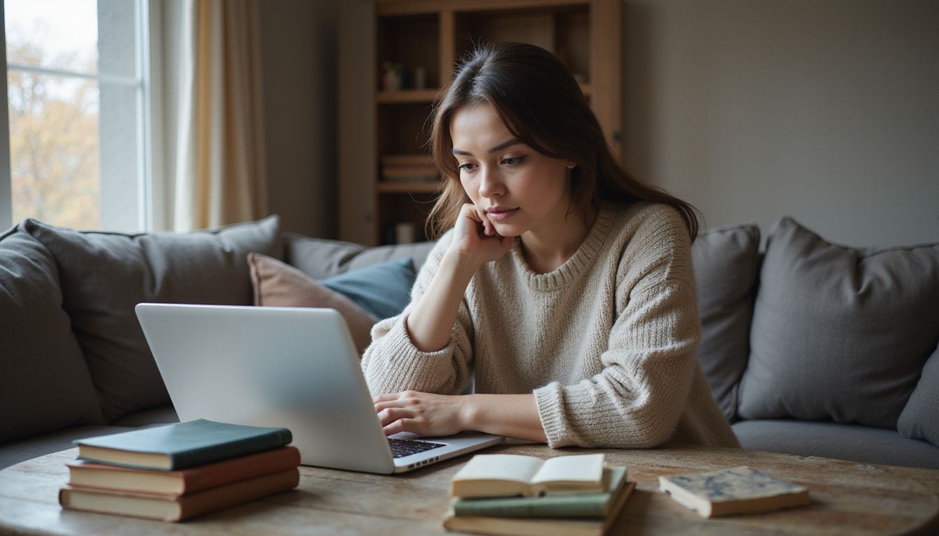 A woman sits on a couch, focused on her open laptop. A woman sits on a couch, focused on her open laptop.